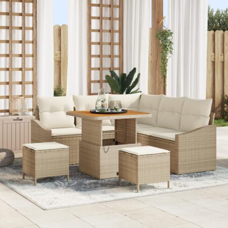 Havesofasæt i 8 dele med højdejusterbart bord - beige polyrattan