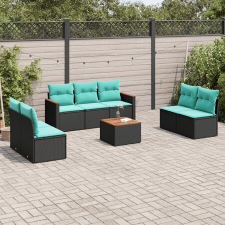 Havesofasæt i 8 dele med hynder og bord - sort/blå polyrattan