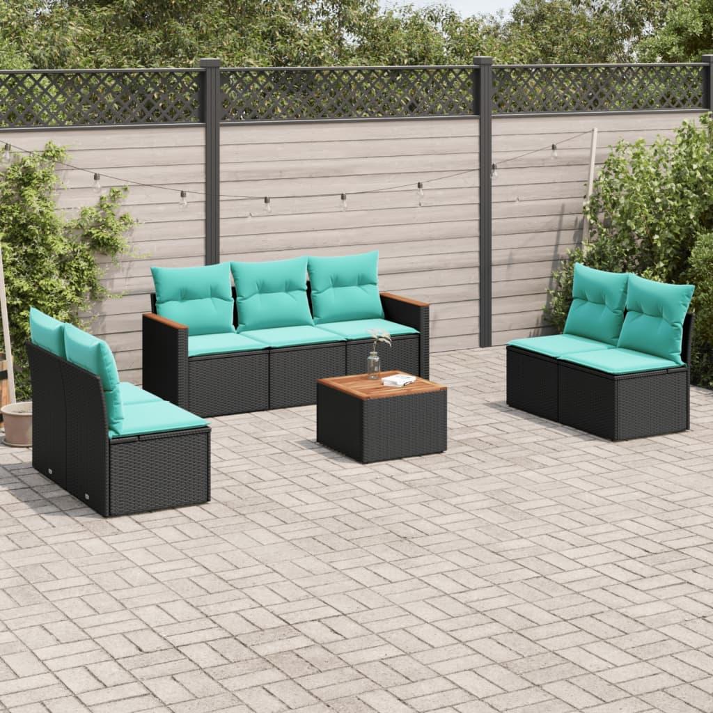 Havesofasæt i 8 dele med hynder og bord - sort/blå polyrattan Havesofasæt i 8 dele med hynder og bord - sort/blå polyrattan