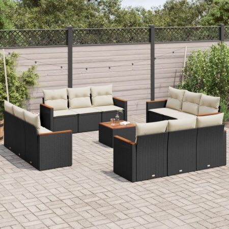 Havesofasæt i polyrattan med bord og hynder - sort/cremefarvet