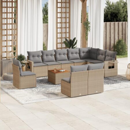 Havesofasæt i polyrattan med hynder og bord - beige