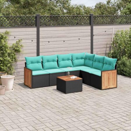 Havesofasæt i sort polyrattan med blå hynder og bord