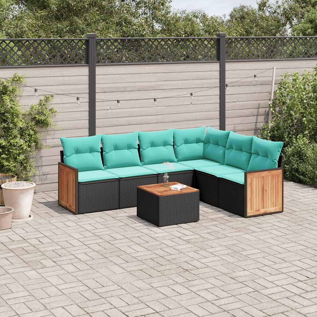 Havesofasæt i sort polyrattan med blå hynder og bord Havesofasæt i sort polyrattan med blå hynder og bord