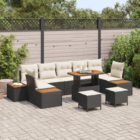 Havesofasæt i sort polyrattan med bord og 2 skamler