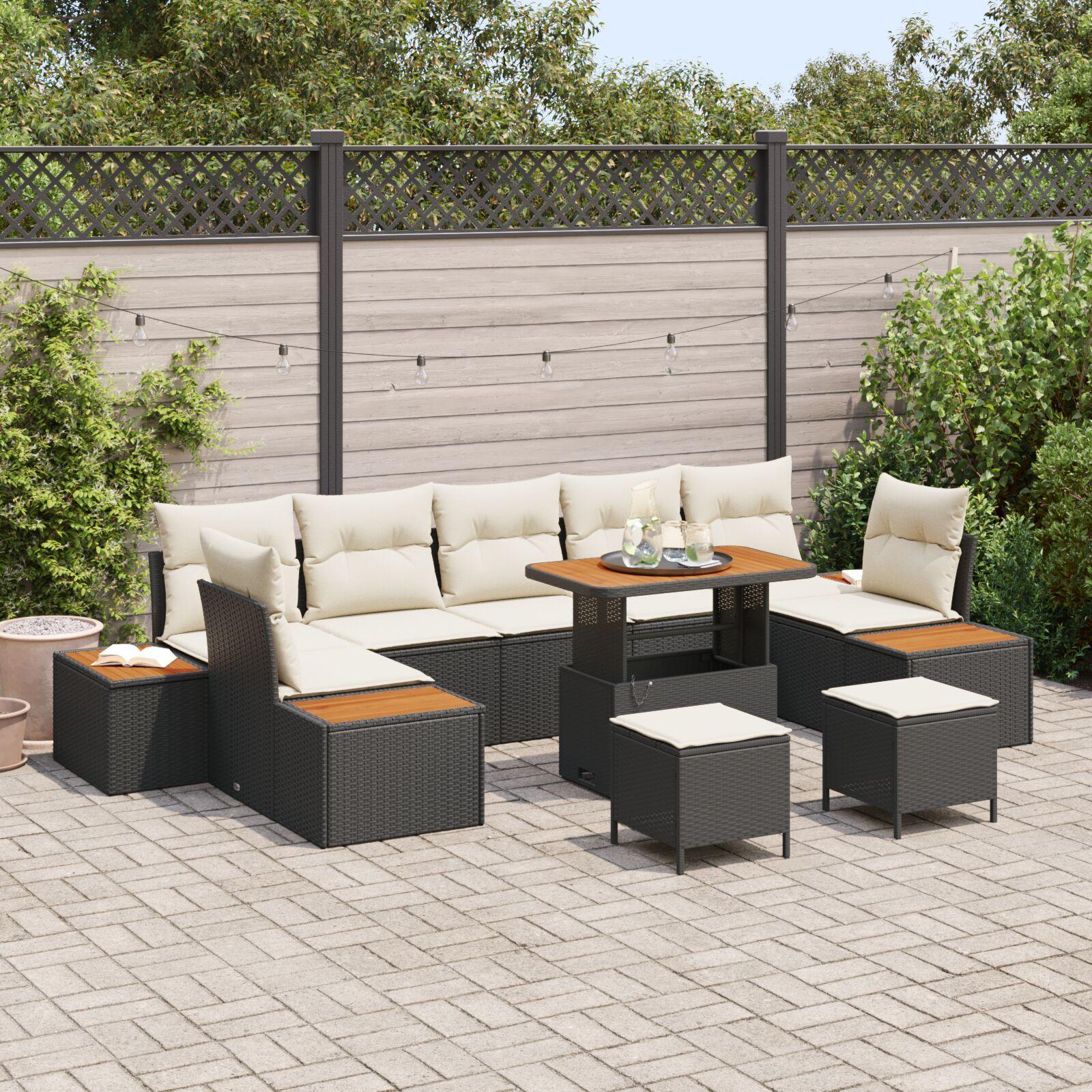 Havesofasæt i sort polyrattan med bord og 2 skamler Havesofasæt i sort polyrattan med bord og 2 skamler