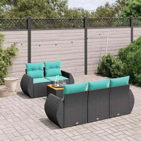 Havesofasæt i sort polyrattan med bord og 6 blå hynder