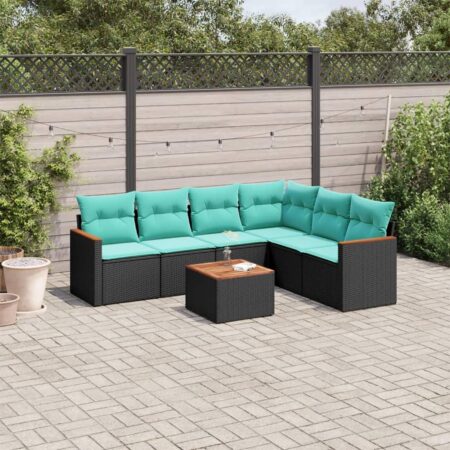 Havesofasæt i sort polyrattan med bord og blå hynder