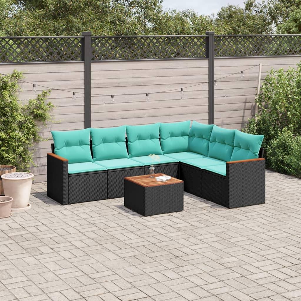 Havesofasæt i sort polyrattan med bord og blå hynder Havesofasæt i sort polyrattan med bord og blå hynder
