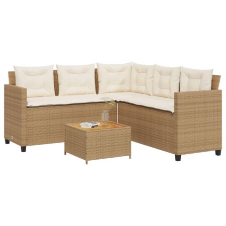 Havesofasæt med bord og hynder - L-formet polyrattan beige