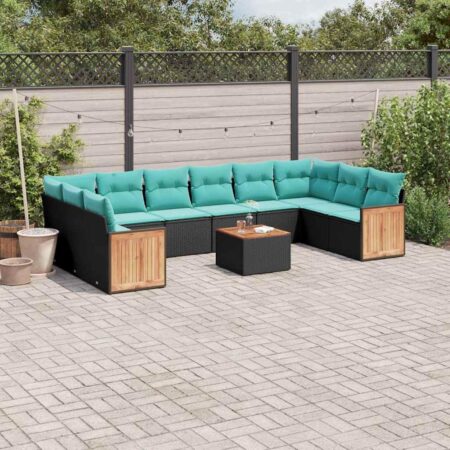 Havesofasæt med bord og hynder i polyrattan - sort/blå
