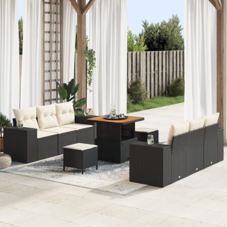 Havesofasæt med bord og skamler - sort/creme polyrattan