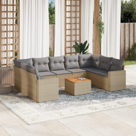 Havesofasæt med hynder og bord i polyrattan - beige