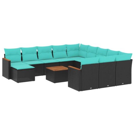 Havesofasæt med hynder og bord i sort polyrattan