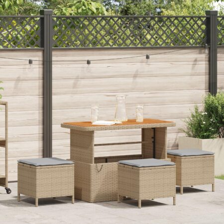 Havespisesæt i polyrattan med bord og skamler - beige