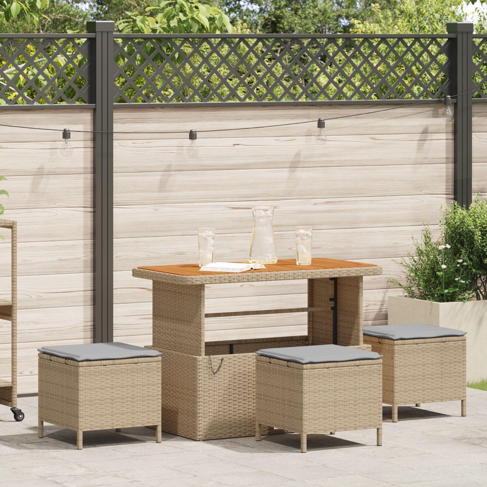 Havespisesæt i polyrattan med bord og skamler - beige Havespisesæt i polyrattan med bord og skamler - beige