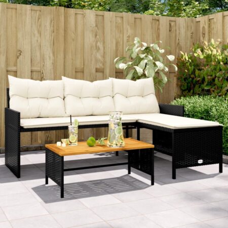 L-formet havesofa med bord og hynder i polyrattan - sort
