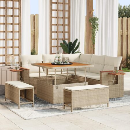 Modulært havesofasæt i polyrattan med bord og skamler - beige/creme