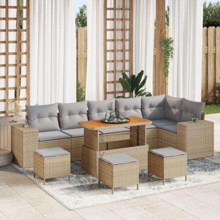 Modulært havesofasæt i polyrattan med hæve-sænke bord - beige
