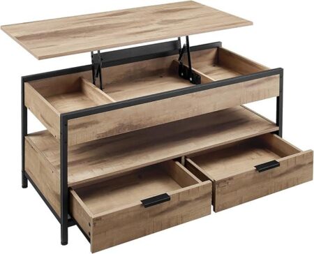 Sofabord med hævebar bordplade, skuffer og opbevaring - camel brown/sort