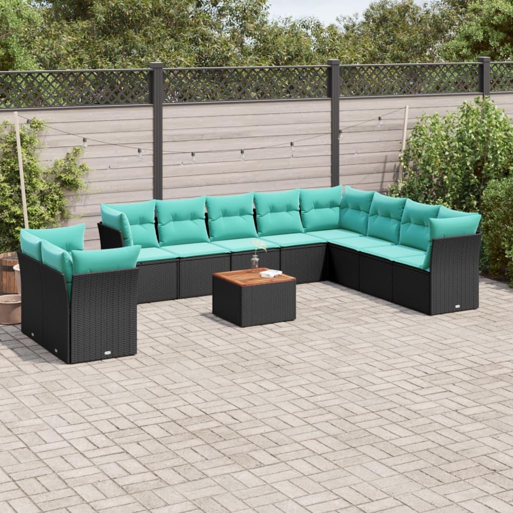 Sofasæt til haven 11 dele med hynder og bord i polyrattan - sort/blå Sofasæt til haven 11 dele med hynder og bord i polyrattan - sort/blå