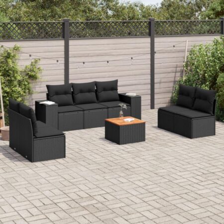 Sofasæt til haven med hynder og bord i polyrattan - sort