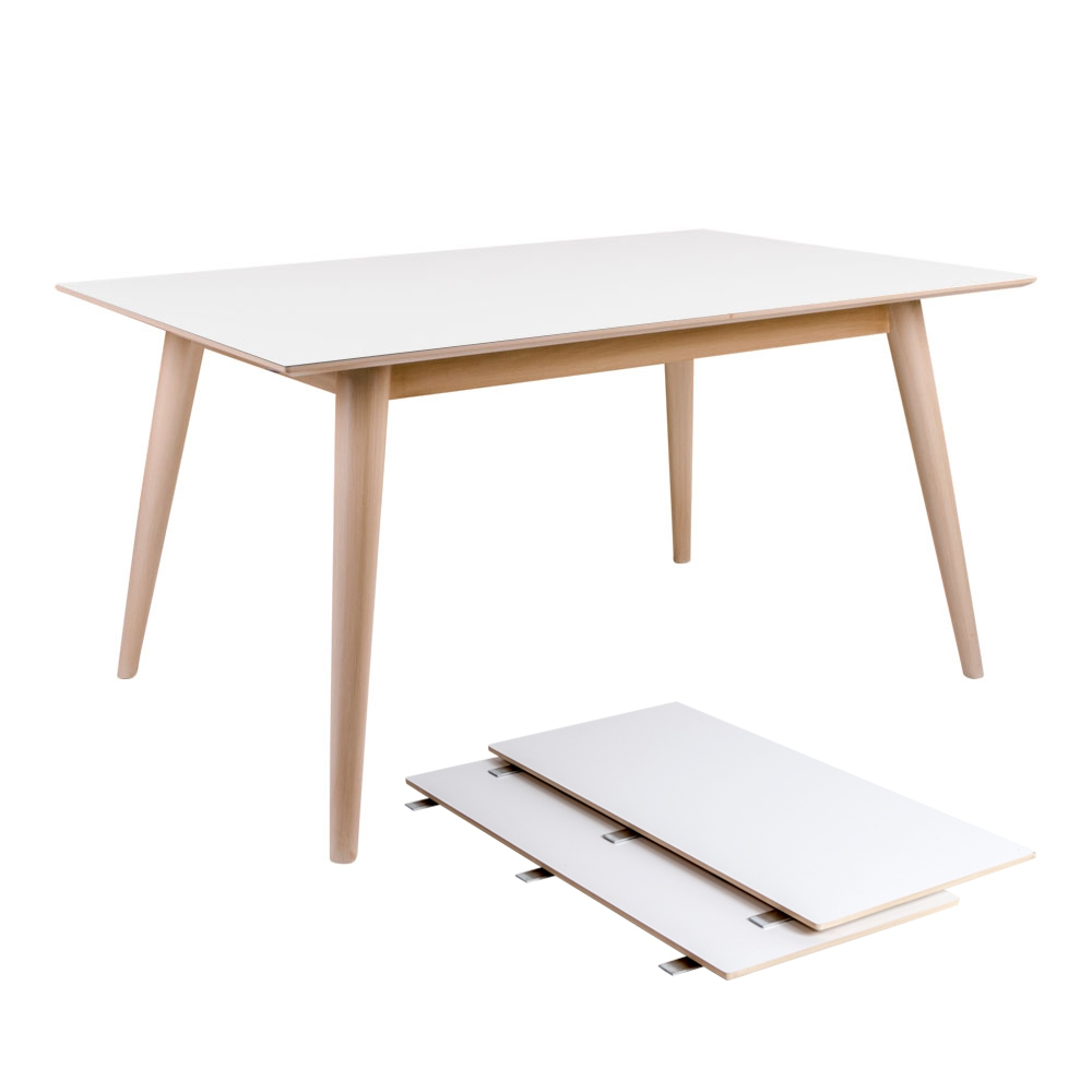 HOUSE NORDIC Copenhagen spisebord - hvid træplade og natur træstel, m. udtræk, incl. 2 tillægsplader (150x95)