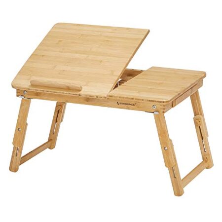 SONGMICS Bamboo Lap Skrivebord, Laptopbord, Morgenmadsbakke med 5 justerbare vippevinkler, Lille skuffe, Natural LLD01N