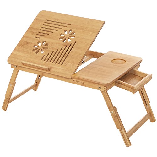 SONGMICS Bamboo Laptop Skrivebord, Sammenfoldeligt Sengebord, Højdejusterbar Sofabakke, med 5 Vippevinkler, Lufthuller, Lille Skuffe, 55 x 35 x (21 - 29) cm LLD002